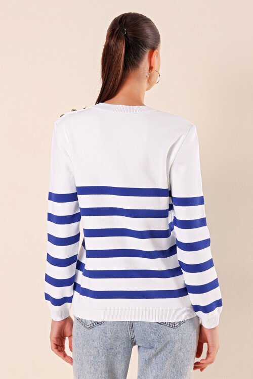 15820 Düğme Detay Çizgili Kazak - C.Saks