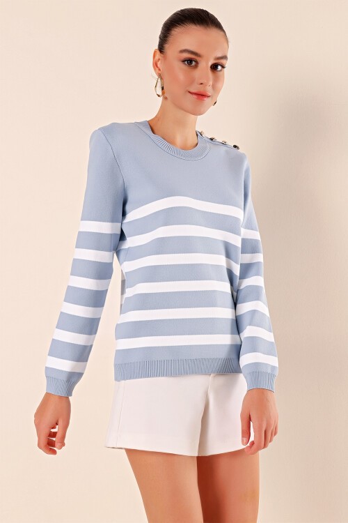 15820 Düğme Detay Çizgili Kazak - İndigo