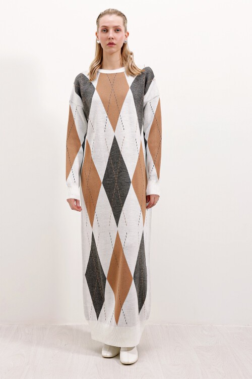 Merterium 15861 Uzun Triko Elbise - Ekru