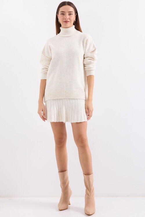 Merterium 15891 Kazak Etek Triko İkili Takım - Ekru