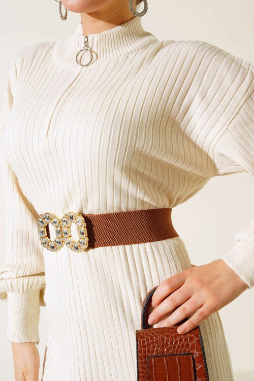 Merterium 15900 Boydan Tesettür Triko Elbise - Krem