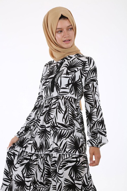 1627 Yaka Bağcıklı Tesettür Elbise - Beyaz