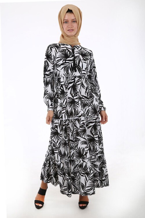 1627 Yaka Bağcıklı Tesettür Elbise - Beyaz