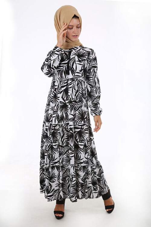 1627 Yaka Bağcıklı Tesettür Elbise - Beyaz