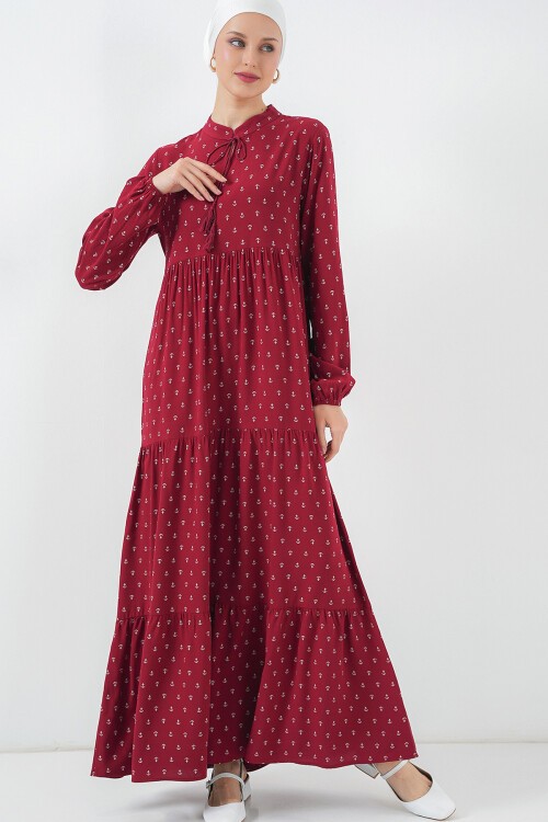 1627 Yaka Bağcıklı Tesettür Elbise - Bordo