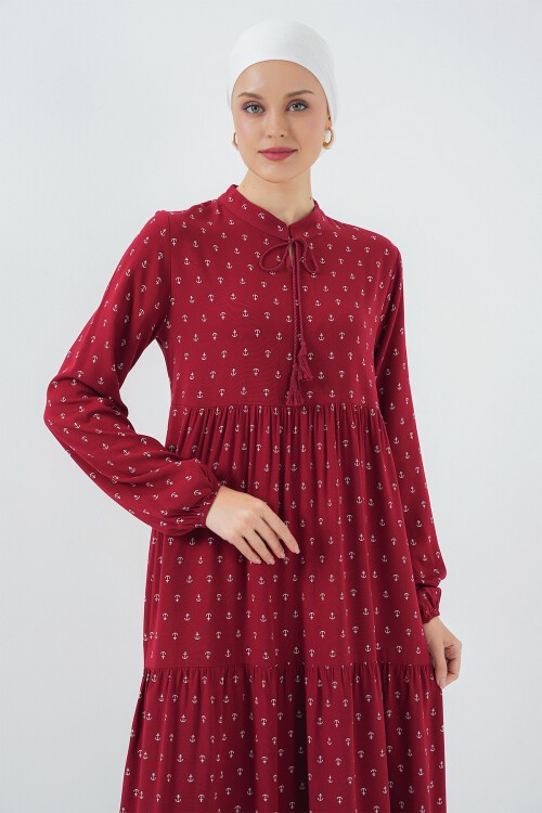 1627 Yaka Bağcıklı Tesettür Elbise - Bordo