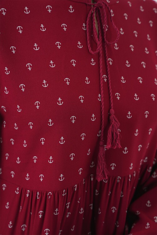 1627 Yaka Bağcıklı Tesettür Elbise - Bordo