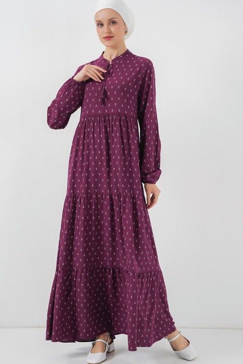 Merterium 1627 Yaka Bağcıklı Tesettür Elbise - Çapa Mor
