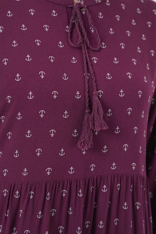 Merterium 1627 Yaka Bağcıklı Tesettür Elbise - Çapa Mor