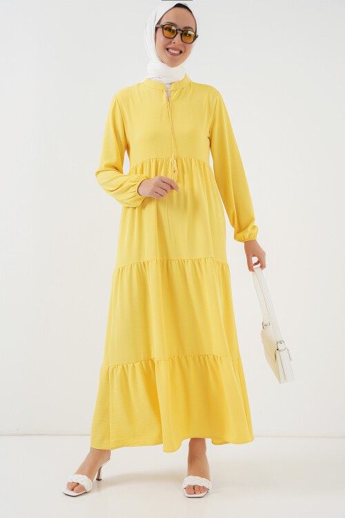 Merterium 1627 Yaka Bağcıklı Tesettür Elbise - Limon Sarısı