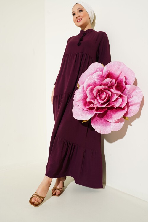 Merterium 1627 Yaka Bağcıklı Tesettür Elbise - Y.Bordo