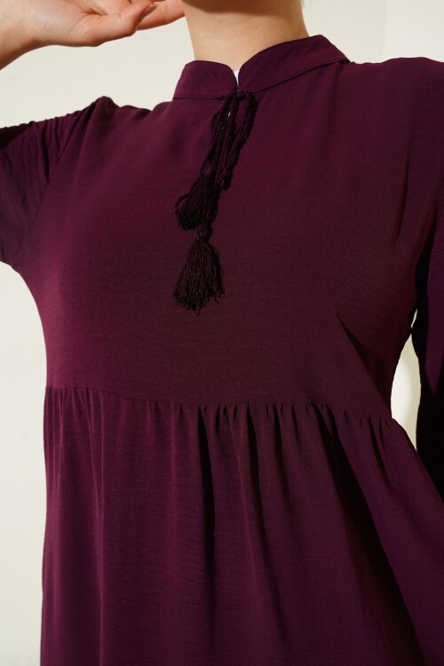 Merterium 1627 Yaka Bağcıklı Tesettür Elbise - Y.Bordo