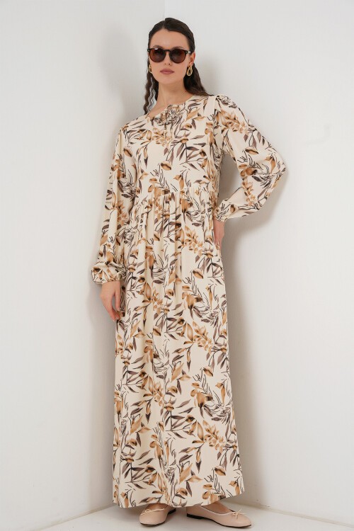 Merterium 1947 Desenli Uzun Elbise - Bej