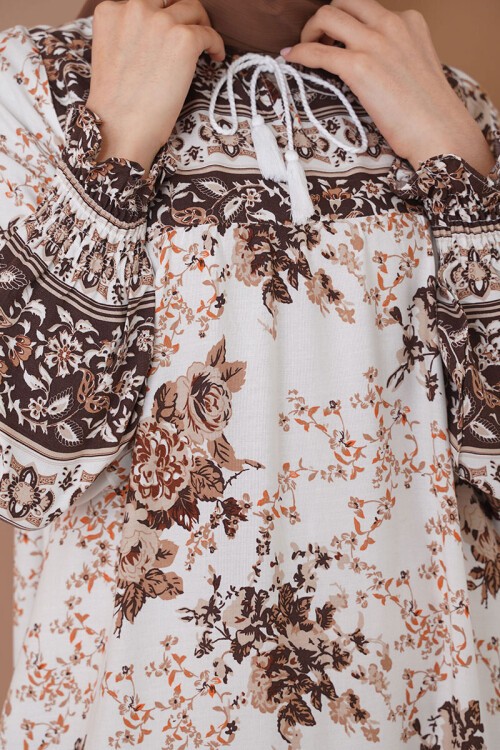 1947 Desenli Uzun Elbise - Kahverengi