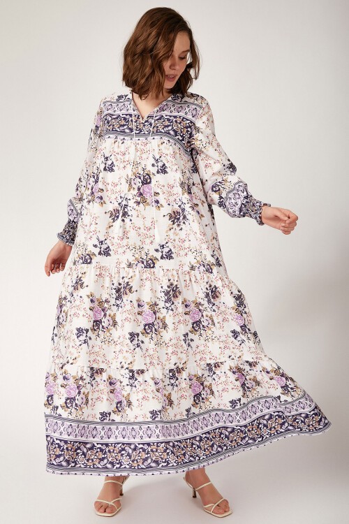 Merterium 1947 Desenli Uzun Mor Tesettür Elbise