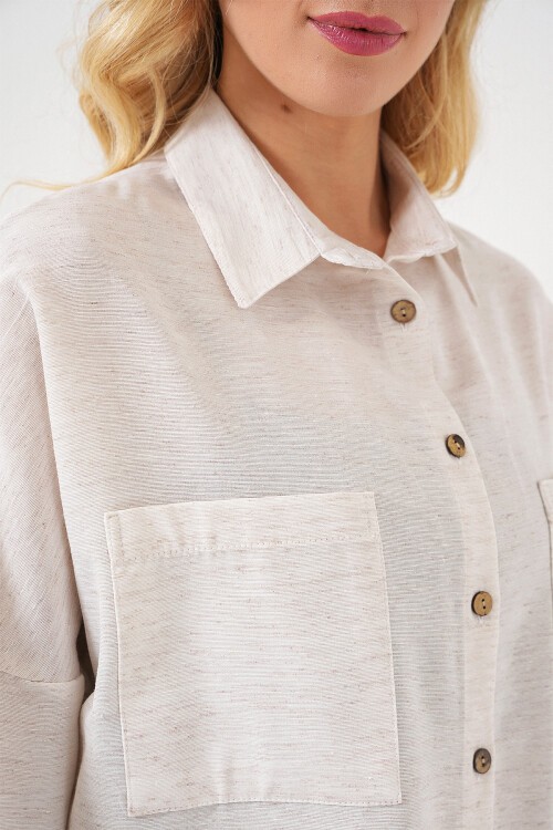 Merterium 20126 Oversize Keten Gömlek - Beyaz