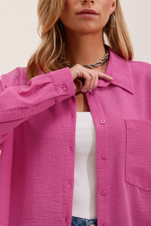 Merterium 20153 Tek Cepli Oversize Keten Gömlek - A.Fuşya