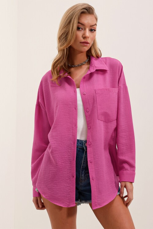 Merterium 20153 Tek Cepli Oversize Keten Gömlek - A.Fuşya