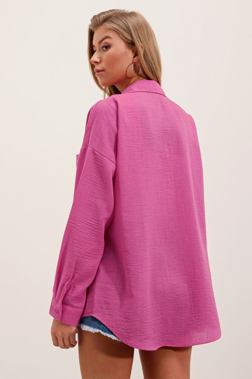 Merterium 20153 Tek Cepli Oversize Keten Gömlek - A.Fuşya