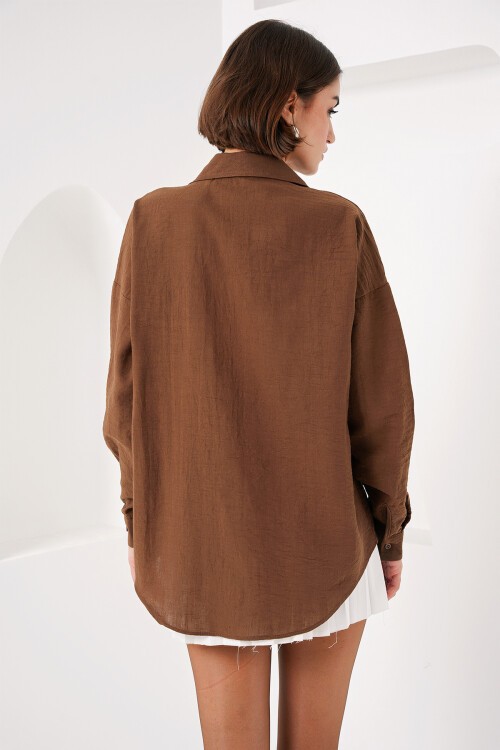 Merterium 20153 Tek Cepli Oversize Keten Gömlek - A.Kahve