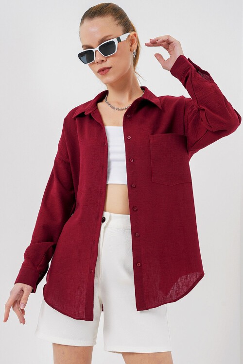 20153 Tek Cepli Oversize Keten Gömlek - Bordo