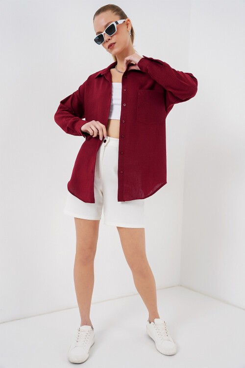 20153 Tek Cepli Oversize Keten Gömlek - Bordo