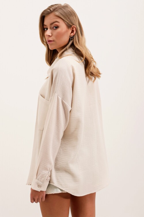 Merterium 20153 Tek Cepli Oversize Keten Gömlek - Krem