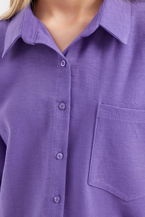 Merterium 20153 Tek Cepli Oversize Keten Gömlek - Mor