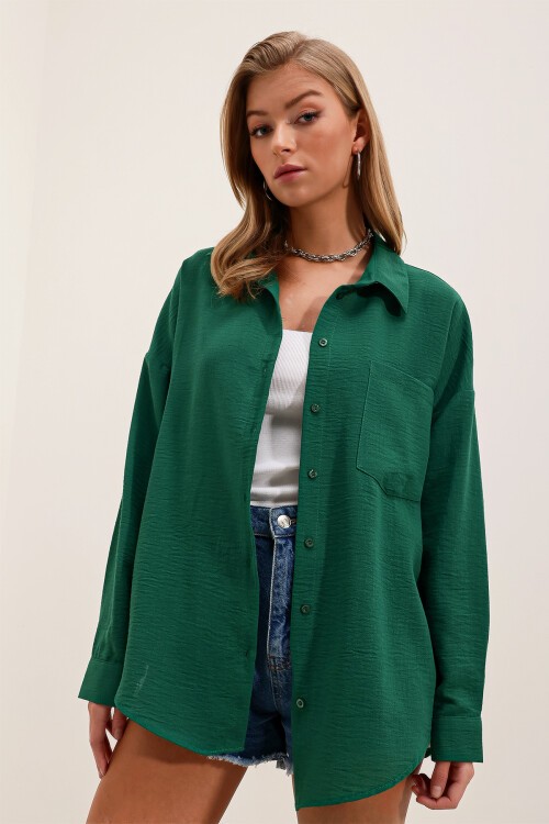 Merterium 20153 Tek Cepli Oversize Keten Gömlek - Zümrüt Yeşili