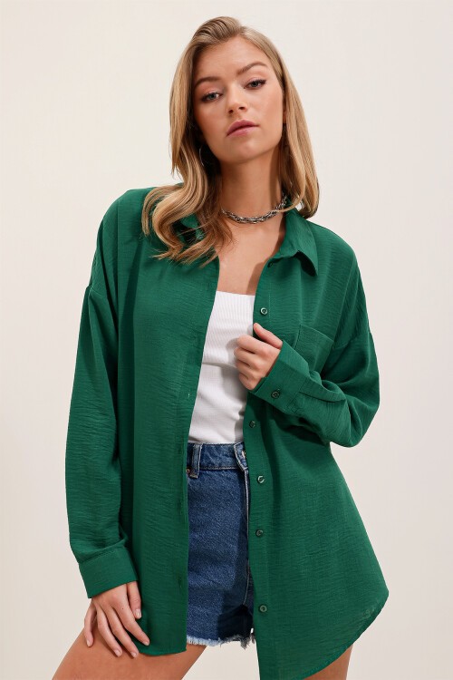 Merterium 20153 Tek Cepli Oversize Keten Gömlek - Zümrüt Yeşili
