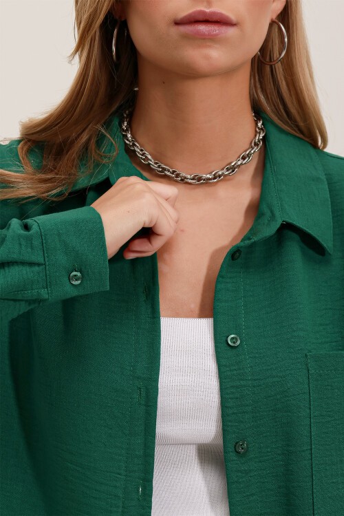 Merterium 20153 Tek Cepli Oversize Keten Gömlek - Zümrüt Yeşili