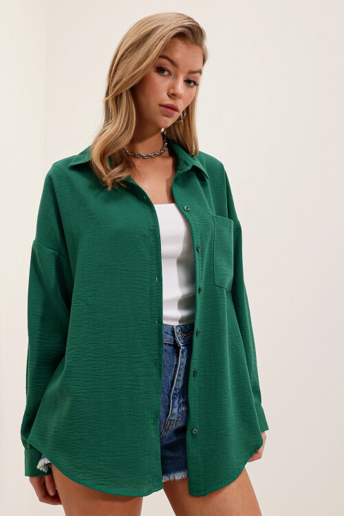 Merterium 20153 Tek Cepli Oversize Keten Gömlek - Zümrüt Yeşili