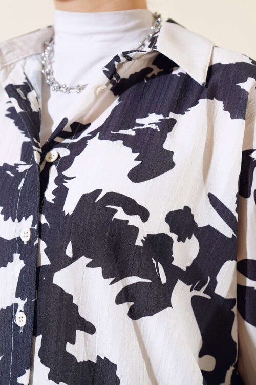 Merterium 20179 Desenli Uzun Oversize Gömlek - Ekru