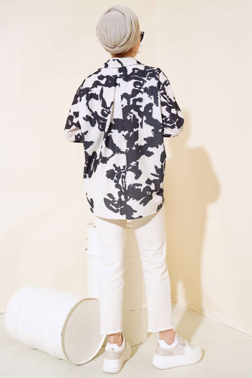 Merterium 20179 Desenli Uzun Oversize Gömlek - Ekru