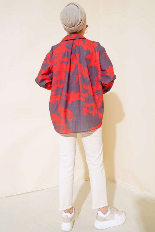 Merterium 20179 Desenli Uzun Oversize Gömlek - Kırmızı