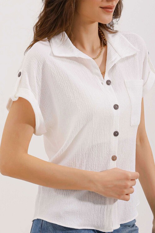 Merterium 20187 Kısa Kol Oversize Örme Gömlek - Beyaz