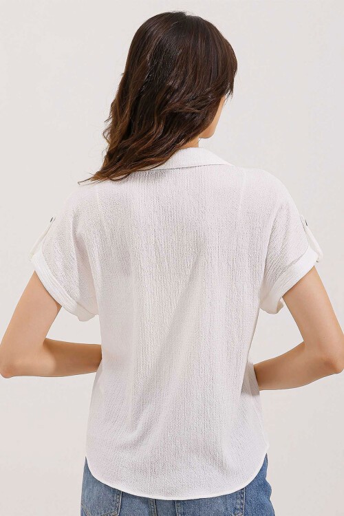 Merterium 20187 Kısa Kol Oversize Örme Gömlek - Beyaz
