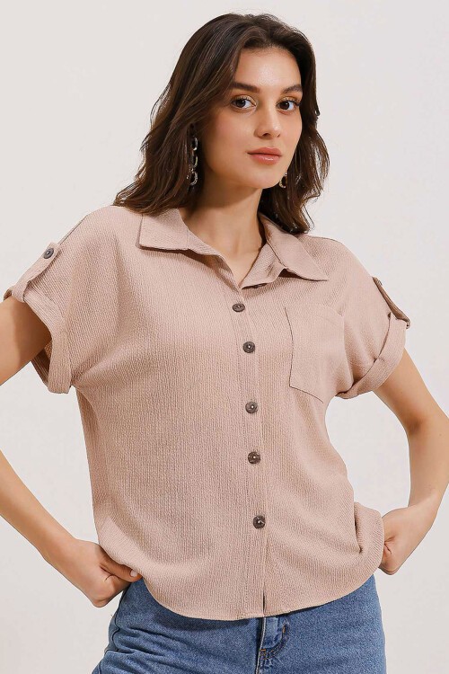 Merterium 20187 Kısa Kol Oversize Örme Gömlek - Bisküvi