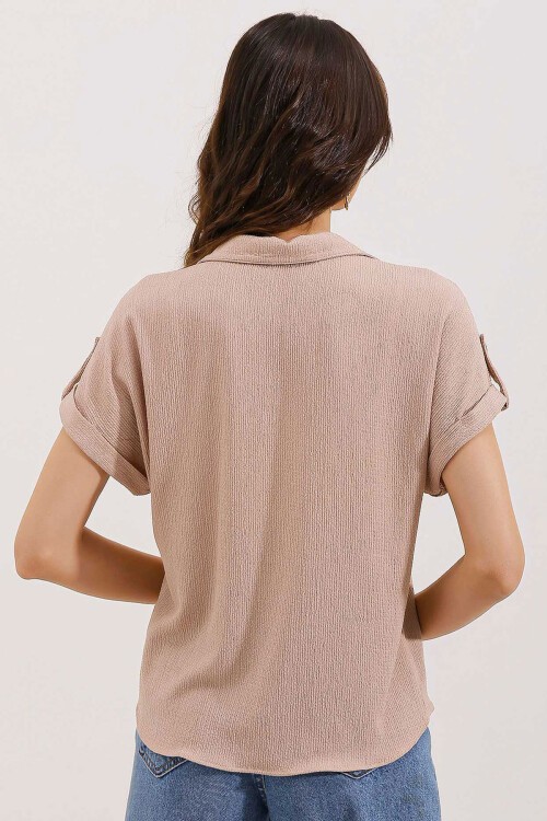 Merterium 20187 Kısa Kol Oversize Örme Gömlek - Bisküvi