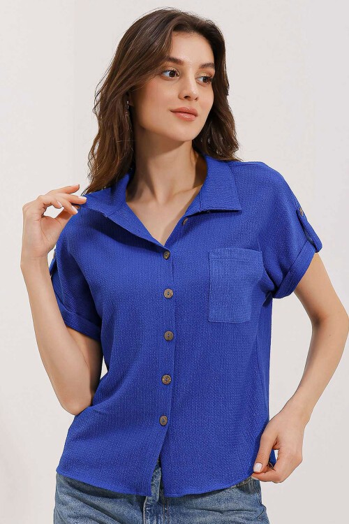 Merterium 20187 Kısa Kol Oversize Örme Gömlek - Saks