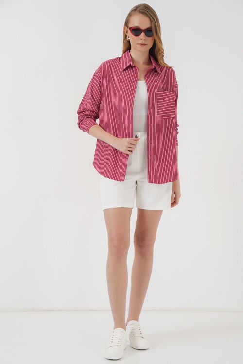 Merterium 20205 Çizgili Oversize Gömlek - Kırmızı
