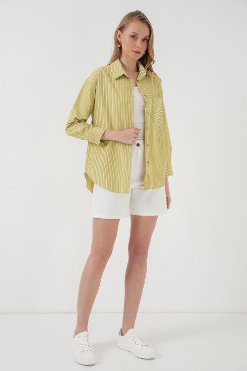 Merterium 20205 Çizgili Oversize Gömlek - Yağ Yeşil