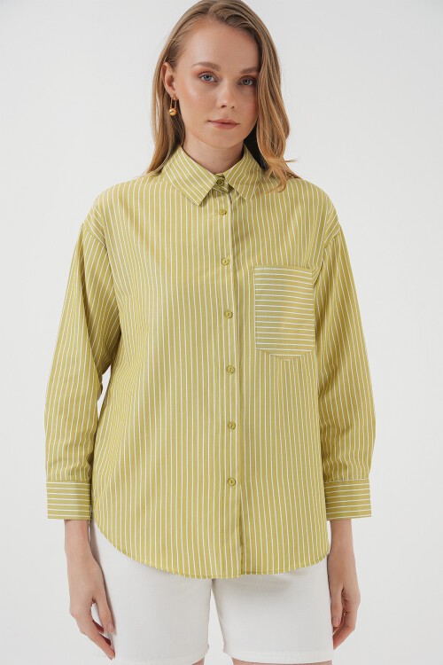 Merterium 20205 Çizgili Oversize Gömlek - Yağ Yeşil