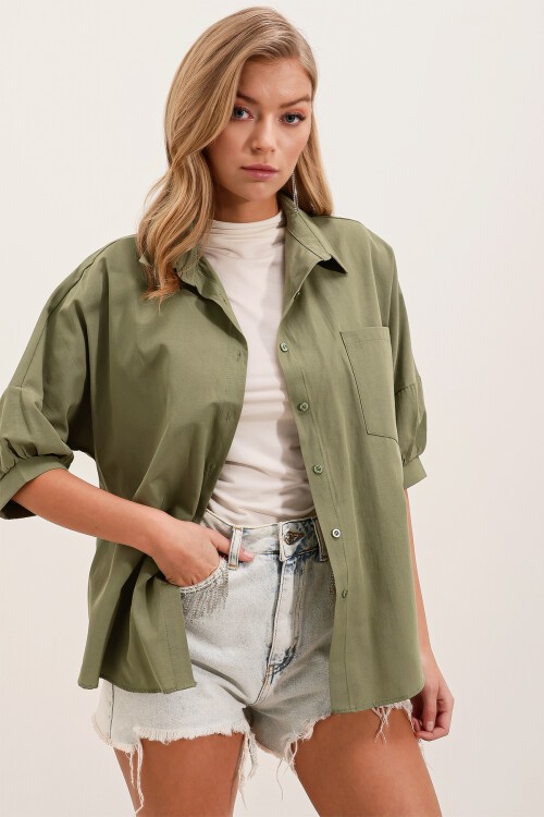 Merterium 20213 Oversize Kısa Kol Basic Gömlek - Haki