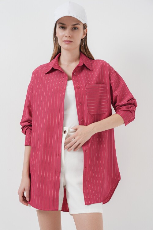 Merterium 20217 Cep Detaylı Çizgili Oversize Gömlek - Kırmızı