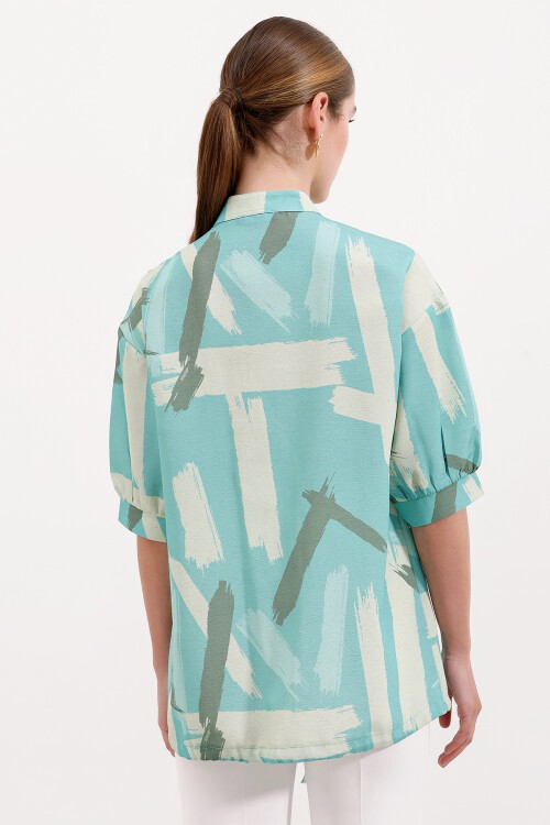 Merterium 20226 Desenli Oversize Gömlek - Mint