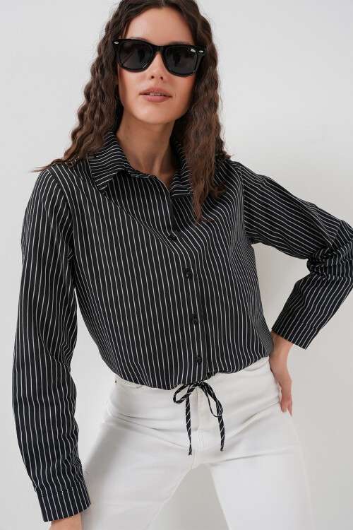 Merterium 20276 Uzun Kol Çizgili Gömlek - Siyah