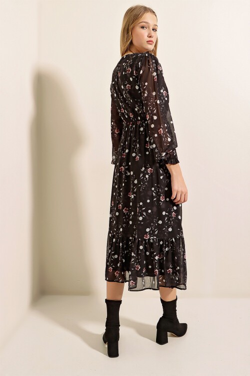 Merterium 2137 Desenli Şifon Elbise - Siyah