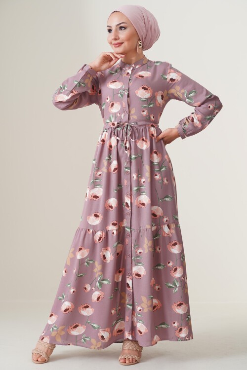 Merterium 2144 Hakim Yaka Tesettür Elbise - D.Gül Kurusu