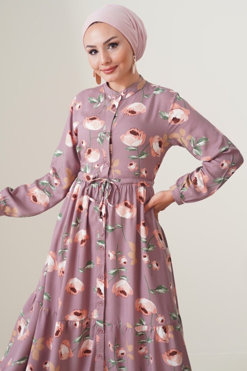 Merterium 2144 Hakim Yaka Tesettür Elbise - D.Gül Kurusu